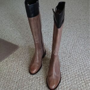 Saks Fifth Avenue Italy Taupe Brown Black Leather Knee High Riding boots sz 6